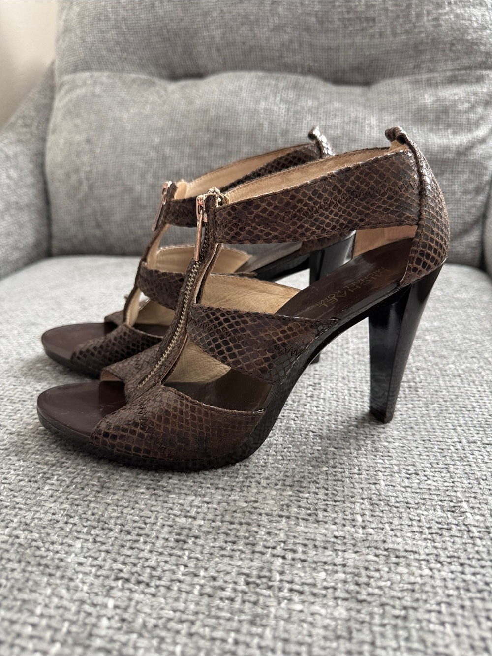 Michael Kors Brown Snake-Texture Zip Front High Heel Sandals